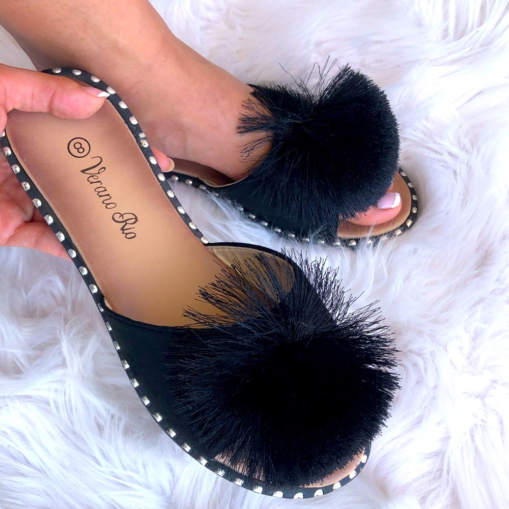 Back in Stock! Verano Rio Pompon Black Mule Slide In Padded Sandals